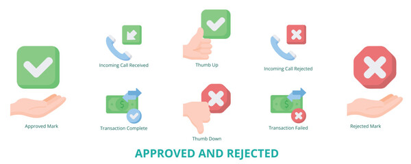 Approved and Rejected Flat Banner Web Icon Set Vector Illustration, Approved Mark Rejected Mark Thumb Up Thumb Down Incoming Call Received Incoming Call Rejected Transaction Complete Failed