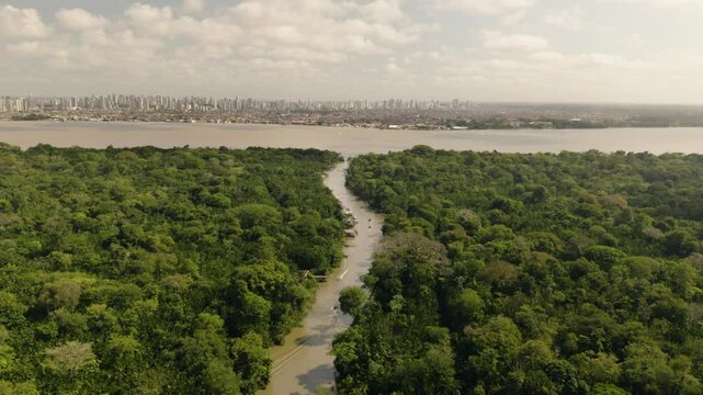 An aerial view of Bel&eacute;m, Brazil from over top of Combu Island in the Brazilian Amazon.