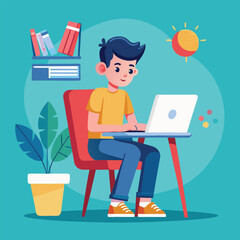 a boy is using his laptop vector