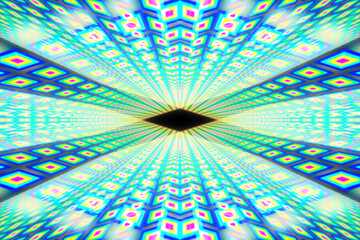 A graphic of square shaped objects with a bright neon glow inside a space