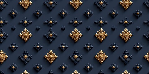 Fototapeta premium Intricate gold designs adorn a dark blue background, creating an elegant and textured pattern. Seamless Pattern Concept.