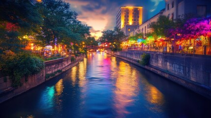 Obraz premium Colorful River Art Festival at Dusk with Community Spirit