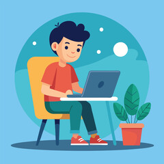 a boy is using his laptop vector