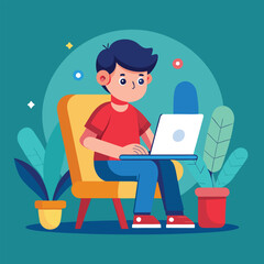 a boy is using his laptop vector