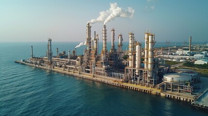 Naklejka premium Aerial view of a large industrial refinery complex situated on the coast, emitting smoke into the atmosphere.