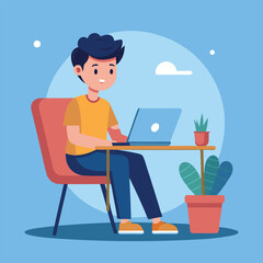 a boy is using his laptop vector