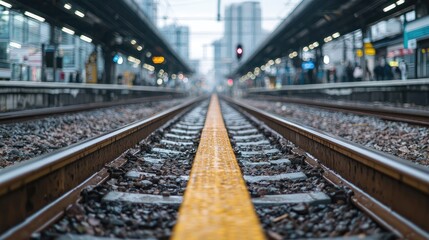 Fototapeta premium Train tracks at a station on a cloudy day, perspective view. Possible use Stock photo for travel or transportation