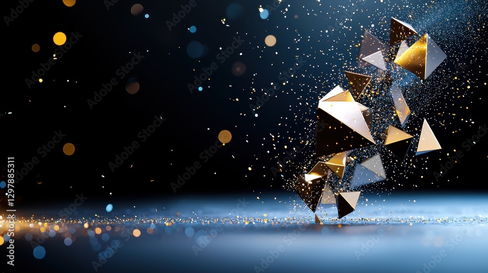 Sticker golden particles forming geometric shapes and patterns against a dark background, representing the i
