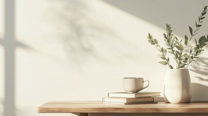 A minimalist scene displaying plants books and a coffee cup