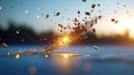 Golden particles bursting outwards from a central point, creating a starburst effect with a sense of motion and expansion.