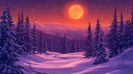 Pixelated winter night scene with full moon and snowy forest landscape creating a retro aesthetic and nostalgic mood illustration