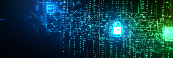 Fototapeta premium A cybersecurity-themed LinkedIn background banner featuring a glowing digital lock made of interconnected binary code and circuit patterns