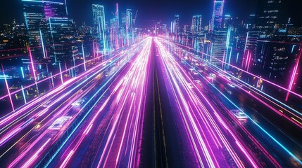 Futuristic cityscape highway nightscape with vibrant light trails representing technology and modern urban living, data speed motion