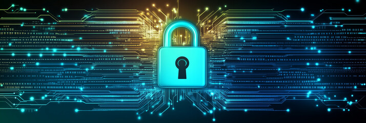 A glowing digital lock made of flowing binary code and circuit designs serves as the central focus of a LinkedIn background