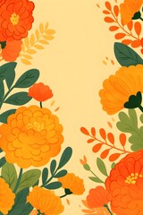 Cheerful floral border with orange and yellow blooms on beige background. Autumn theme illustration for greeting cards, fall festivals, and harvest celebrations. Copy space.