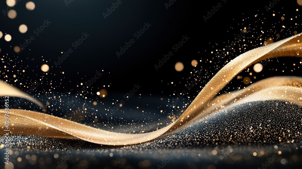 Wall mural abstract golden particles flowing in a wave like motion against a black background, creating a sense