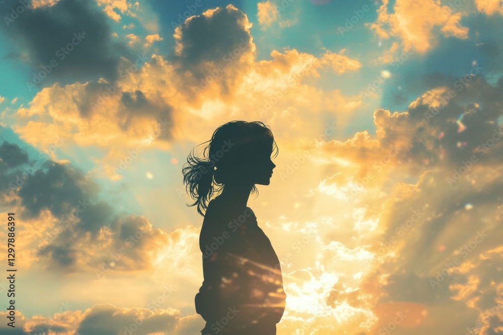 Poster silhouette of a woman against a vibrant sunset sky with clouds and sunlight during twilight hours. g