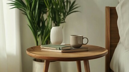 A wooden bedside table displays a cup and plant decoratively