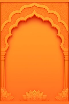 Traditional Indian arched doorway frame in vibrant orange. Hindu temple architecture background for Diwali, Holi, or wedding invitations. Decorative design with lotus motif and copy space.