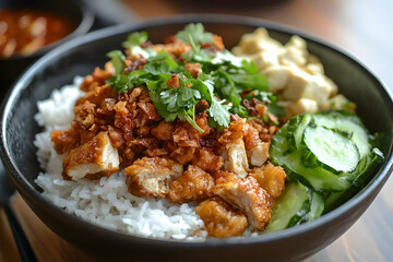 Delicious chicken rice bowl with fresh toppings and savory sauce, capturing the essence of Asian cuisine