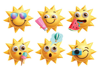 Sun characters emoji clipart set. Summer emojis face clip art collection in happy, hungry, smiling and eating facial expression hot icon elements. 

