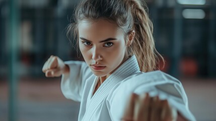A young female martial artist in a white gi ready to throw a punch towards the camera with a serious, focused expression in a modern training facility.