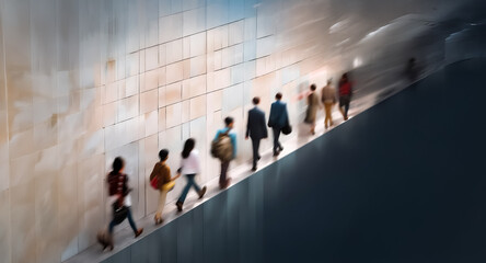 Blurred figures ascend a bright ramp adjacent to a textured wall, creating a sense of movement and journey towards an unseen destination in an outdoor setting.