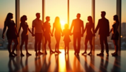Group of People in Silhouette, Holding Hands with Warm Light Background, Symbolizing Solidarity and Connection