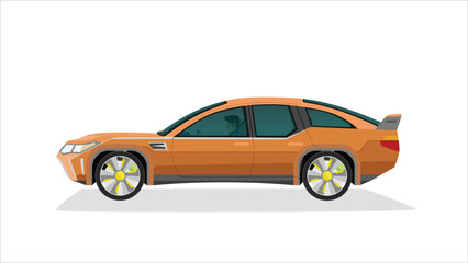 Concept vector illustration of detailed side of a flat orange sedan car. with shadow of car on reflected from the ground below. can view interior of car with driver man.