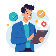 Man holding and using digital tablet computer. Tablet computer concept illustration. Vector illustration in cartoon style.