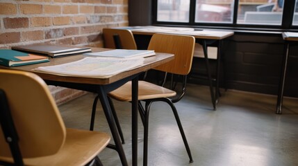 A cozy classroom with wooden desks, maps, and books creates an environment ripe for exploration and learning.
