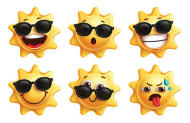 Sun emojis clipart set. Summer emoji cool characters clip art wearing sunglasses with happy, cute, smiling and thirsty facial expression vector illustration.
