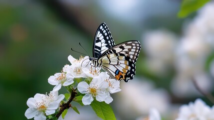 Obraz premium A vibrant butterfly alights on delicate white blossoms, showcasing the harmony of nature with its intricate patterns and gentle elegance.