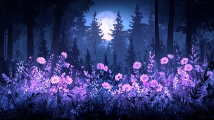 Obraz premium Enchanted twilight bloom, a serene scene of flora bathed in moonlight filtering through silhouetted trees revealing nature's tranquility