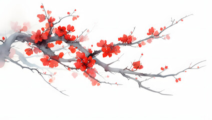 Delicate red blossoms on a grey branch, a beautiful watercolor painting.