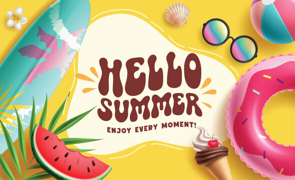 Hello summer clipart template. Summer greeting text in yellow abstract clip art background with beach elements vector illustration. 
