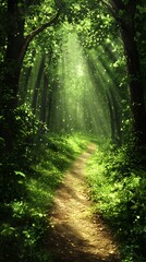 Obraz premium Sunlit Path Through Lush Green Forest