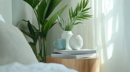 A bedside scene with plants decor and soft natural light