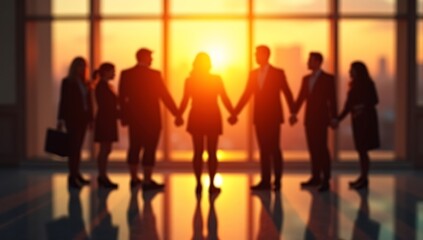 Silhouetted Group Holding Hands Against Glowing Light, Representing Unity, Collaboration, and Collective Strength with City View