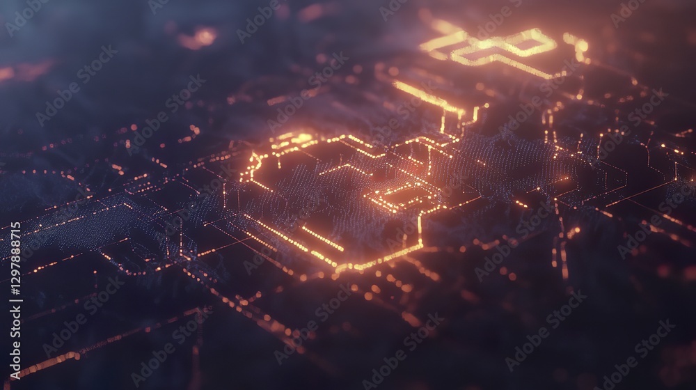 Wall mural abstract coding concept depicted by glowing lines, symbols and gradient lighting with atmospheric ba