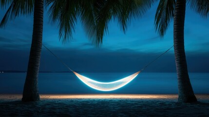A lone hammock strung between two palm trees, illuminated by a soft, warm neon glow, creating a serene and inviting nighttime scene.