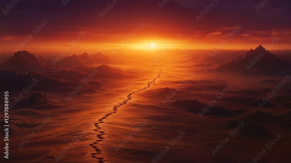 Poster majestic sunset over a distant landscape with striking mountains and a winding path through a vast t