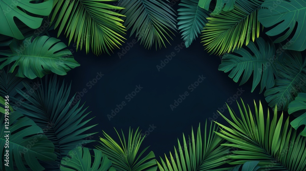 Poster a dark background with a repeating pattern of neon green palm leaves, creating a bold and modern tro