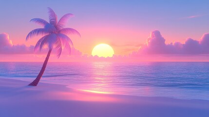 Fototapeta premium Vaporwave beach aesthetic with a palm tree at serene sunset a calming tropical scene evoking nostalgia and 80s vibes