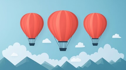 Fototapeta premium Pixelated hot air balloons floating above mountainous terrain vector illustration modern graphic design for digital projects and presentations
