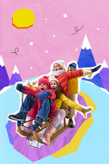 Fototapeta premium Laughing children sledding down hill, gripping ropes, expressing joy and happiness. Contemporary art collage. Concept of adventure, excitement, winter joy, childhood fun, vacation