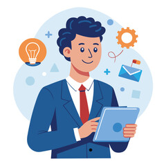 Man holding and using digital tablet computer. Tablet computer concept illustration. Vector illustration in cartoon style.