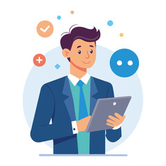 Man holding and using digital tablet computer. Tablet computer concept illustration. Vector illustration in cartoon style.