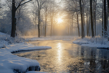 Frosty sunny morning in early spring in the forest with a river. Beautiful landscape of awakening nature. Generated by artificial intelligence