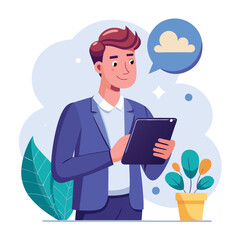Man holding and using digital tablet computer. Tablet computer concept illustration. Vector illustration in cartoon style.